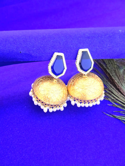 Gold Finish Traditional Jhumki Earrings with Blue Stone & Pearl Drops