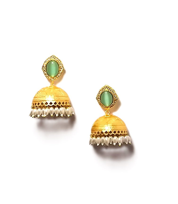 Traditional Jhumki Earrings with Green Stone & Pearl Drops- Gold finish ethnic jewellery