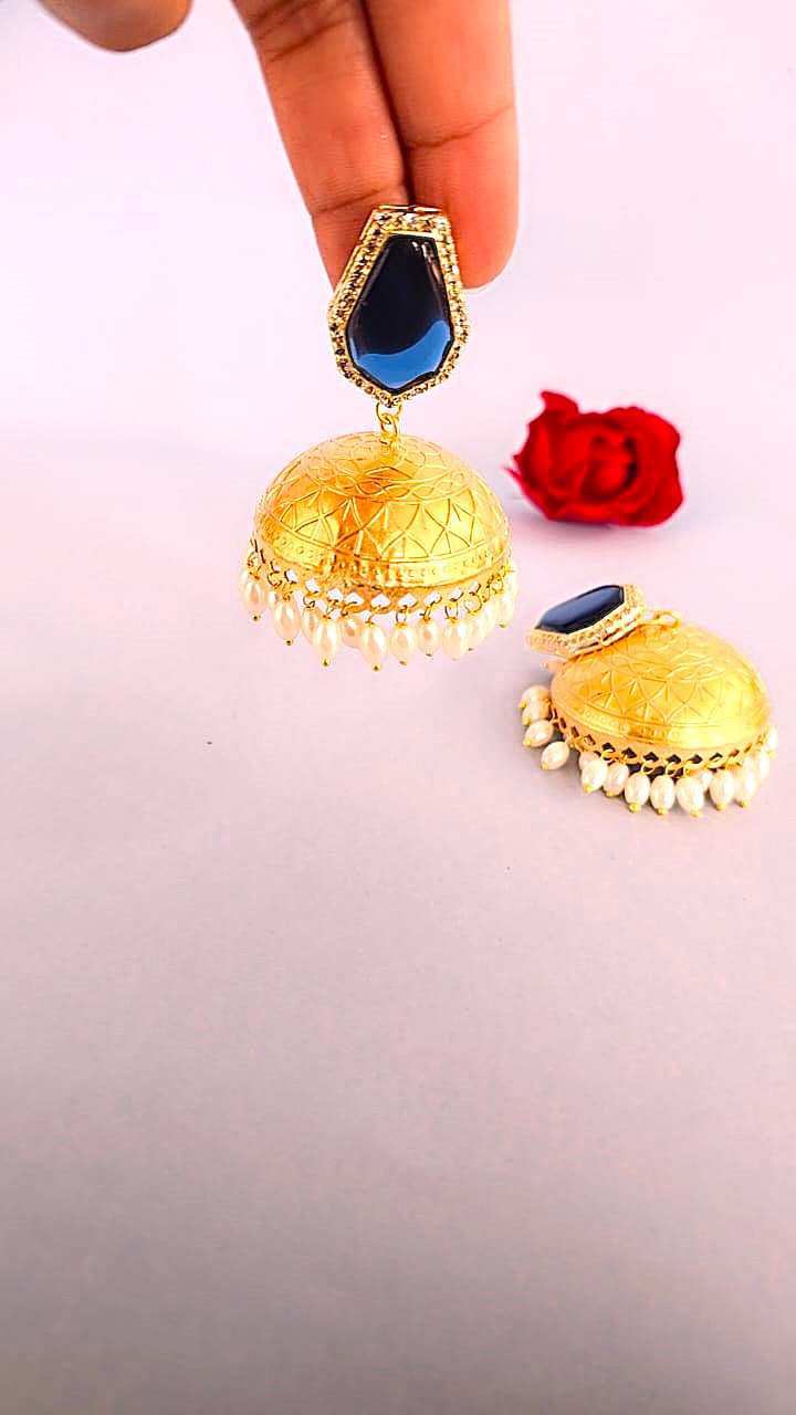 Gold Finish Traditional Jhumki Earrings with Blue Stone & Pearl Drops