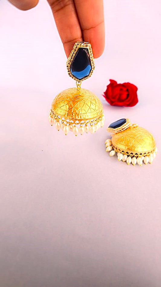 Gold Finish Traditional Jhumki Earrings with Blue Stone & Pearl Drops
