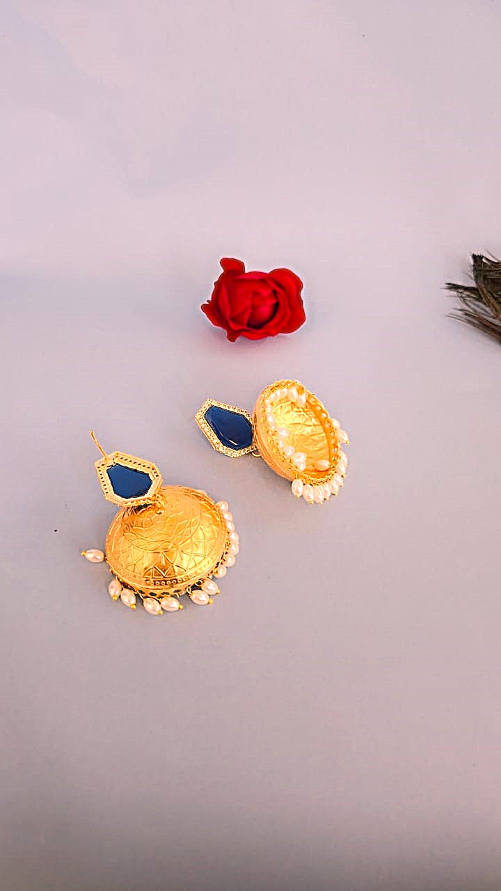 Gold Finish Traditional Jhumki Earrings with Blue Stone & Pearl Drops