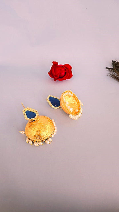 Gold Finish Traditional Jhumki Earrings with Blue Stone & Pearl Drops