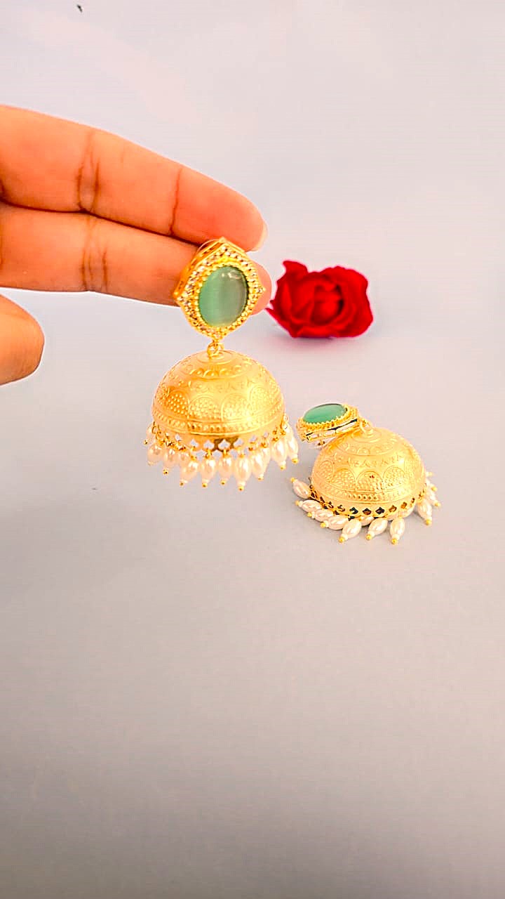 Traditional Jhumki Earrings with Green Stone & Pearl Drops- Gold finish ethnic jewellery