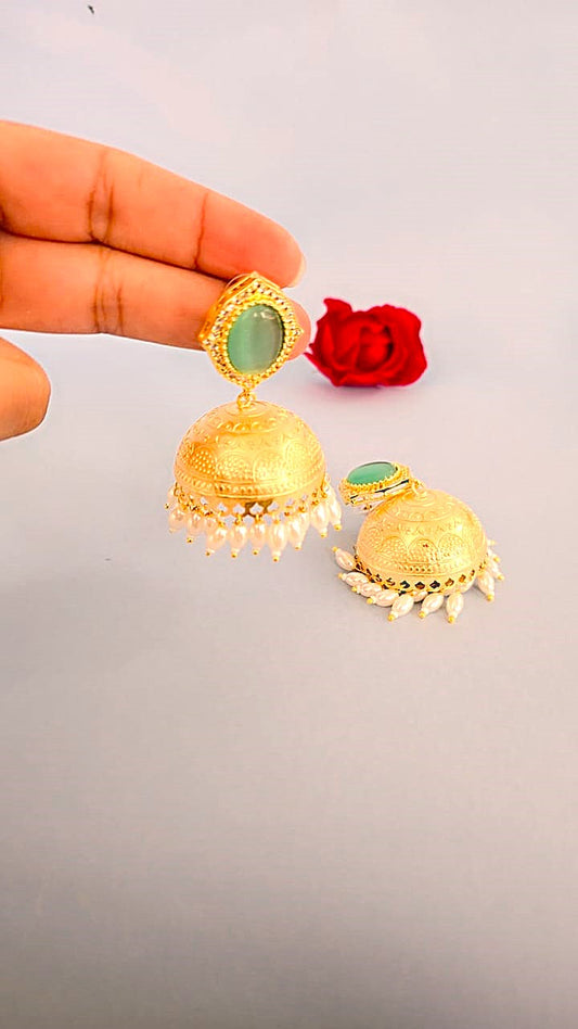 Traditional Jhumki Earrings with Green Stone & Pearl Drops- Gold finish ethnic jewellery