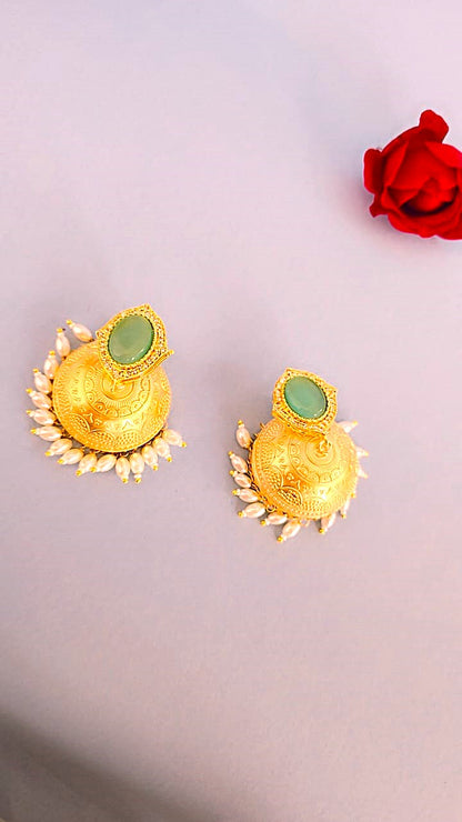 Traditional Jhumki Earrings with Green Stone & Pearl Drops- Gold finish ethnic jewellery