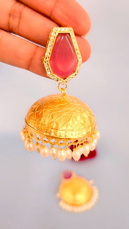 Traditional Jhumki Earrings with Pink Stone & Pearl Drops- Gold finish ethnic jewellery