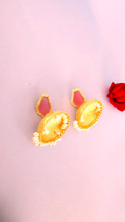 Traditional Jhumki Earrings with Pink Stone & Pearl Drops- Gold finish ethnic jewellery