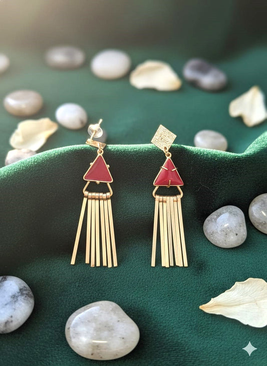 Gold Finish Triangle Tassel Earrings with Maroon Enamel – Elegant Statement Imitation Jewellery