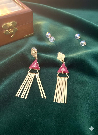 Gold Finish Triangle Tassel Earrings with Maroon Enamel – Elegant Statement Imitation Jewellery