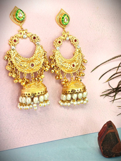 Gold Polish Chandbali Earrings with Pearl Drops | Traditional & Festive Wear