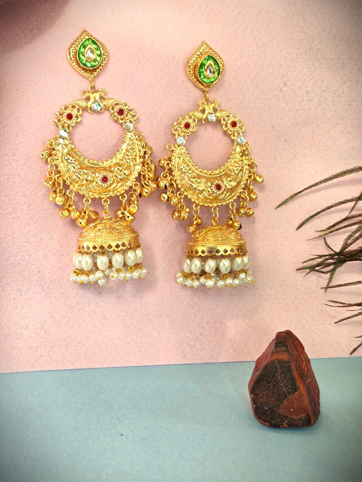 Gold Polish Chandbali Earrings with Pearl Drops | Traditional & Festive Wear