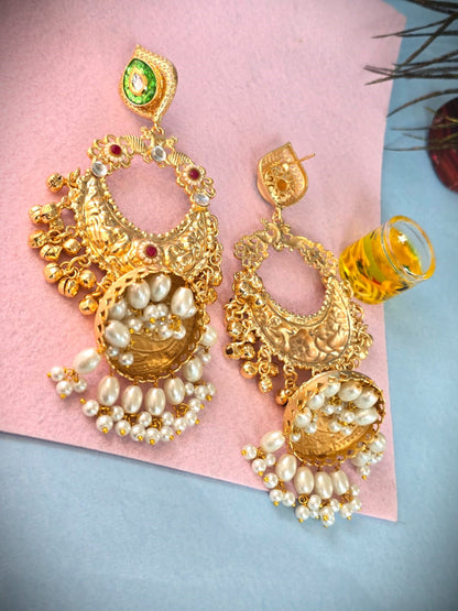 Gold Polish Chandbali Earrings with Pearl Drops | Traditional & Festive Wear