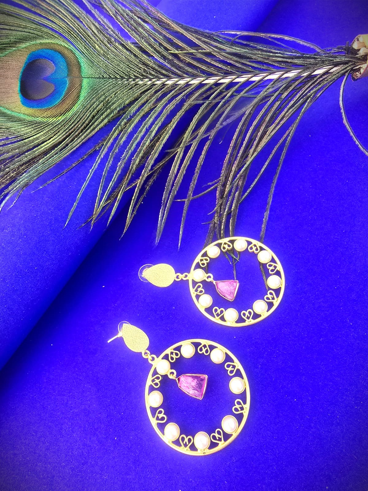 Gold Polish Circular Dangle Earrings with Pink Stone | Elegant Party & Festive Wear Brass Earrings