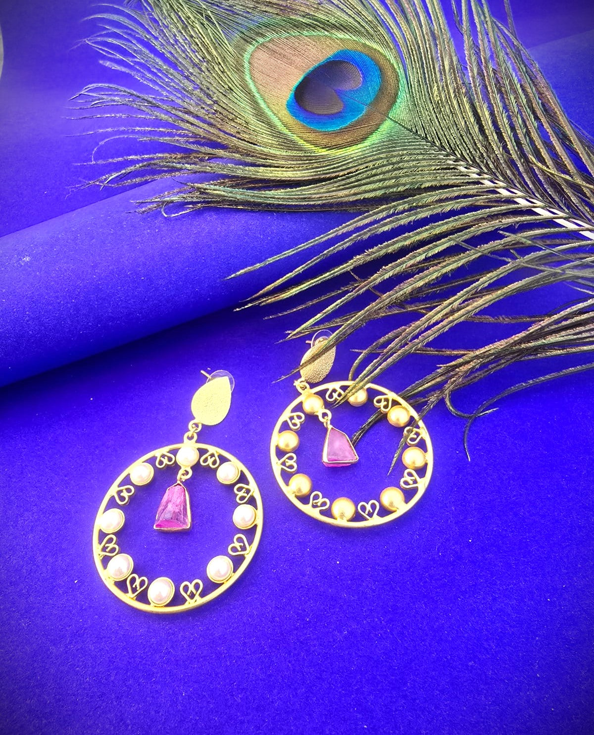 Gold Polish Circular Dangle Earrings with Pink Stone | Elegant Party & Festive Wear Brass Earrings