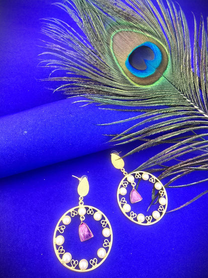 Gold Polish Circular Dangle Earrings with Pink Stone | Elegant Party & Festive Wear Brass Earrings