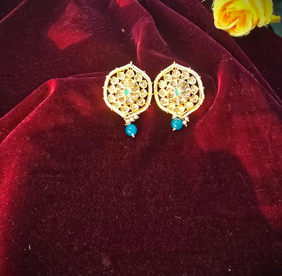 Gold Polish Kundan Stud Earrings with Blue Bead | Traditional Festive & Wedding Wear Earrings