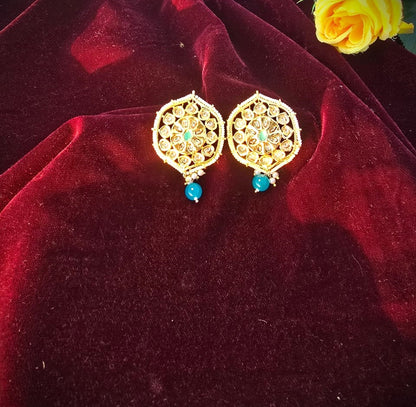 Gold Polish Kundan Stud Earrings with Blue Bead | Traditional Festive & Wedding Wear Earrings
