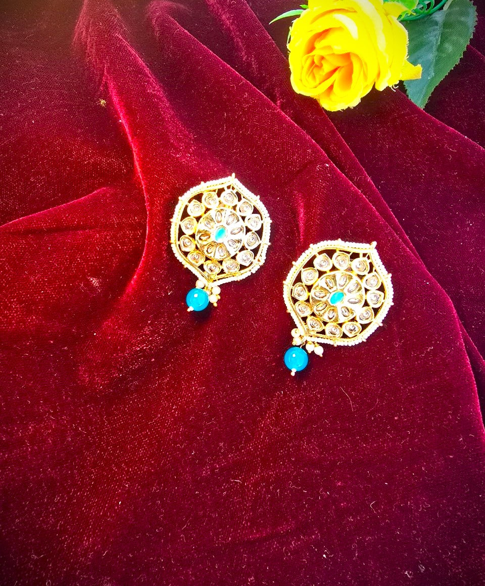 Gold Polish Kundan Stud Earrings with Blue Bead | Traditional Festive & Wedding Wear Earrings