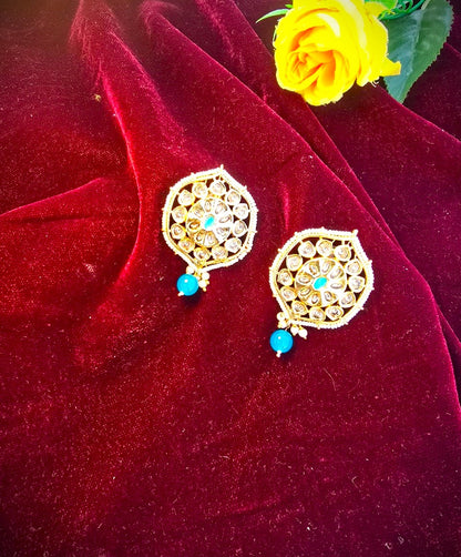Gold Polish Kundan Stud Earrings with Blue Bead | Traditional Festive & Wedding Wear Earrings