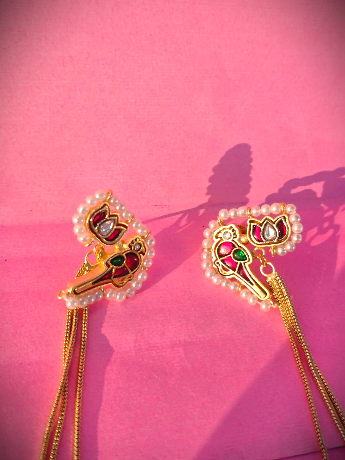 Gold Polish Long Dangle Earrings with Pearl Beads | Traditional & Festive Wear