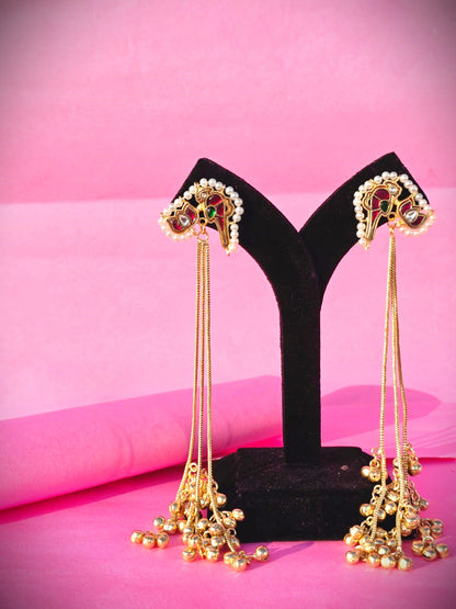 Gold Polish Long Dangle Earrings with Pearl Beads | Traditional & Festive Wear