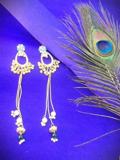 Gold Polish Long Dangle Earrings with Pearls & Green Beads | Elegant Festive & Wedding Wear Earrings