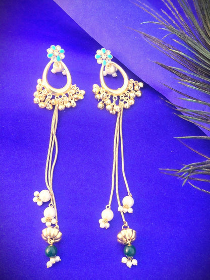 Gold Polish Long Dangle Earrings with Pearls & Green Beads | Elegant Festive & Wedding Wear Earrings