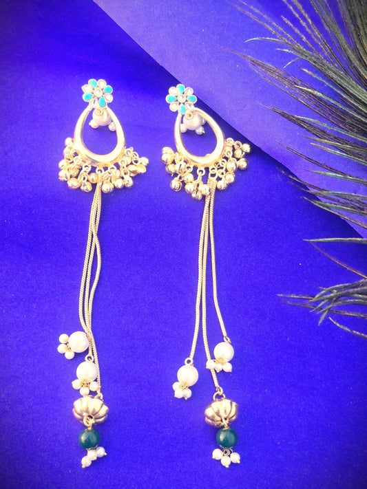 Gold Polish Long Dangle Earrings with Pearls & Green Beads | Elegant Festive & Wedding Wear Earrings