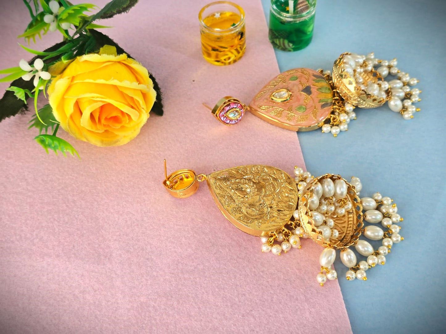 Gold Polish Meenakari Pearl Jhumka Earrings | Traditional & Festive Wear