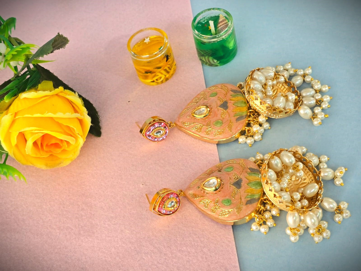Gold Polish Meenakari Pearl Jhumka Earrings | Traditional & Festive Wear