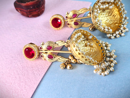Gold Polish Ruby Jhumka Earrings with Pearl Drops | Traditional & Festive Wear