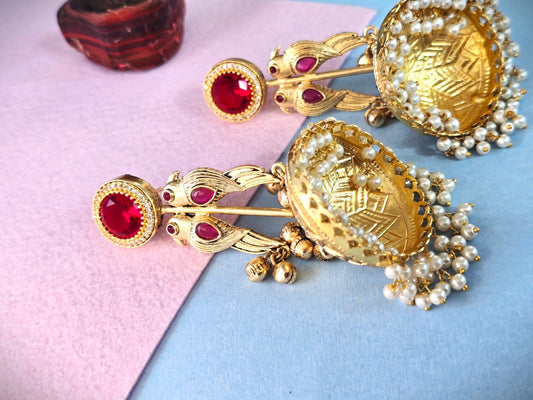 Gold Polish Ruby Jhumka Earrings with Pearl Drops | Traditional & Festive Wear