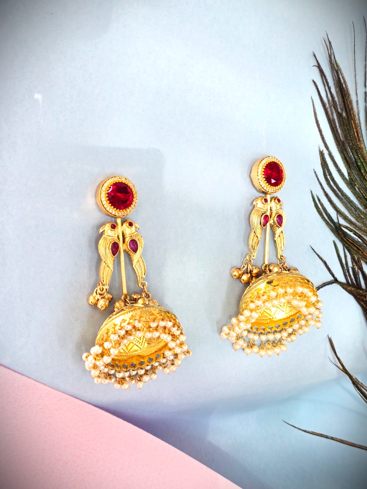 Gold Polish Ruby Jhumka Earrings with Pearl Drops | Traditional & Festive Wear