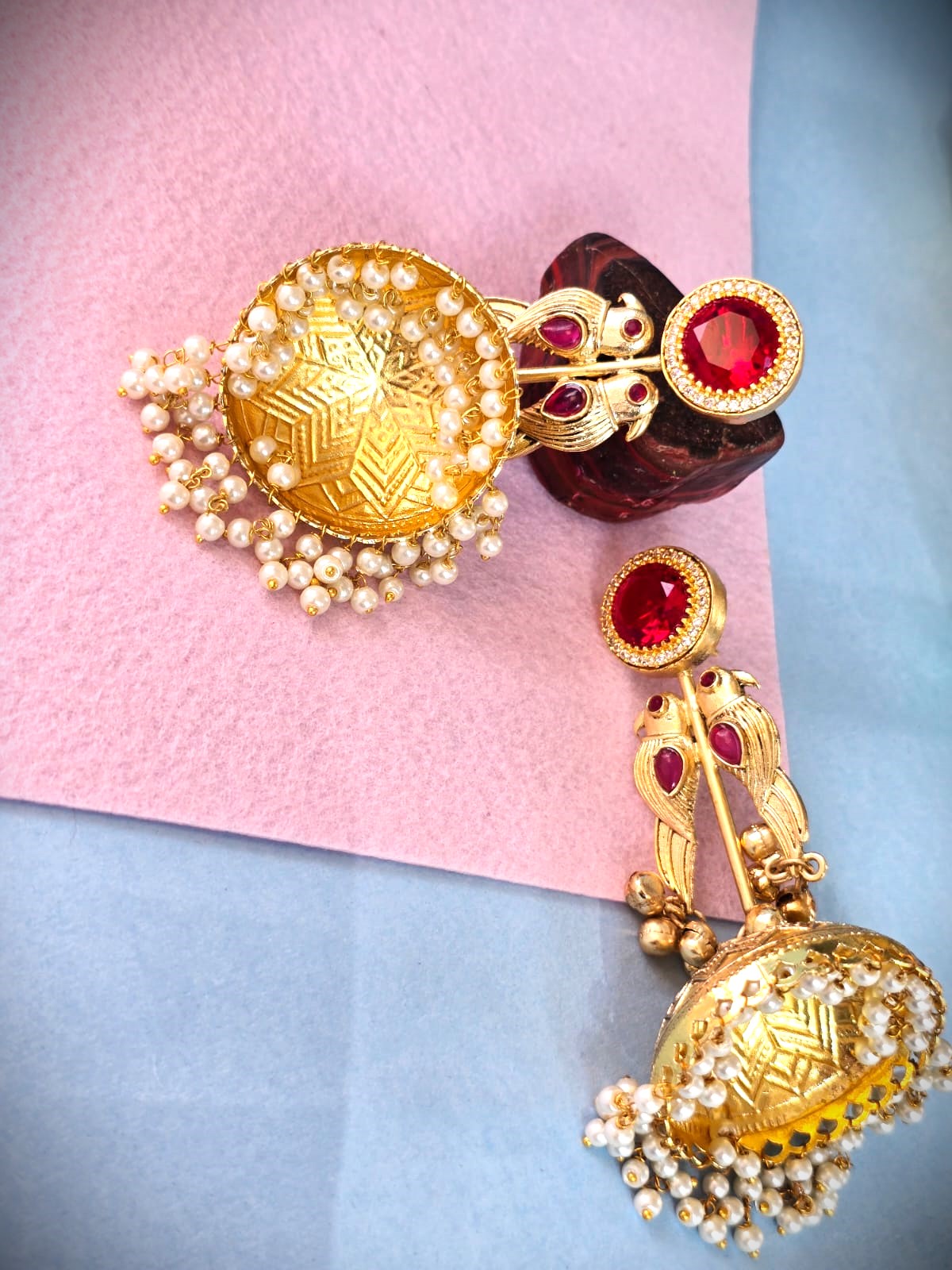 Gold Polish Ruby Jhumka Earrings with Pearl Drops | Traditional & Festive Wear