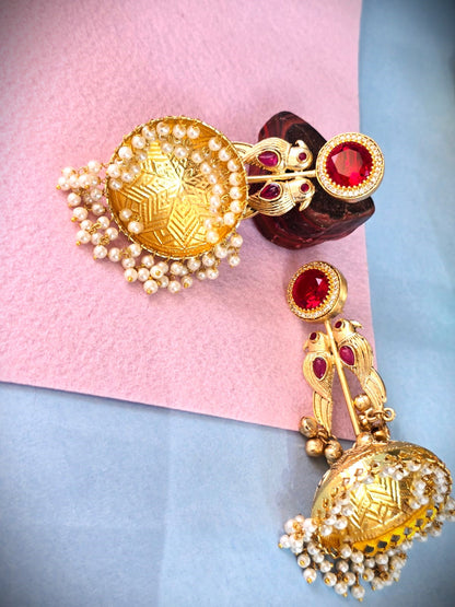 Gold Polish Ruby Jhumka Earrings with Pearl Drops | Traditional & Festive Wear