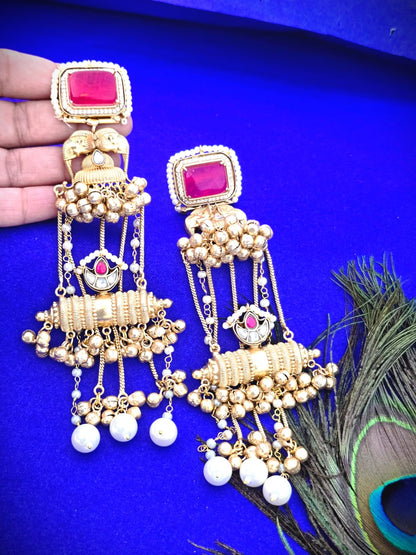 Gold Polish Ruby Long Dangle Earrings with Pearl Drops | Bridal & Statement Wear