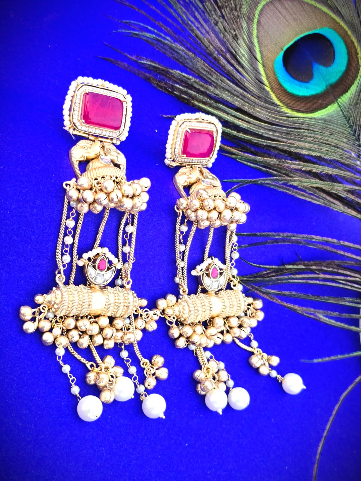 Gold Polish Ruby Long Dangle Earrings with Pearl Drops | Bridal & Statement Wear