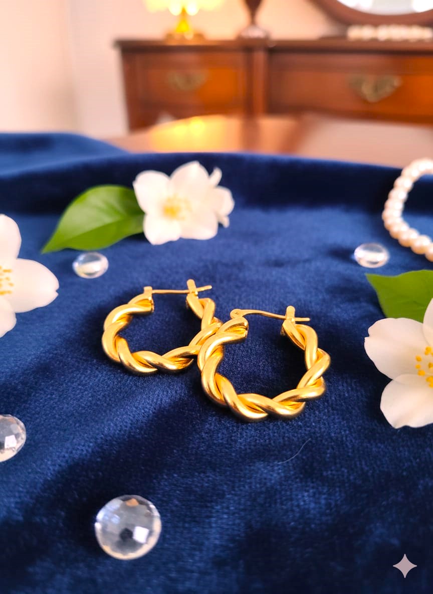 Gold Twisted Hoop Earrings in Brass | Classic Rope Design Hoops by RavJyoti