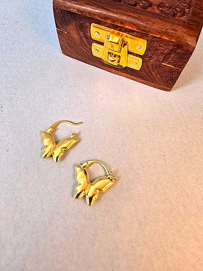 Golden Butterfly Hoop Earrings in Brass | Lightweight Statement Hoops by RavJyoti