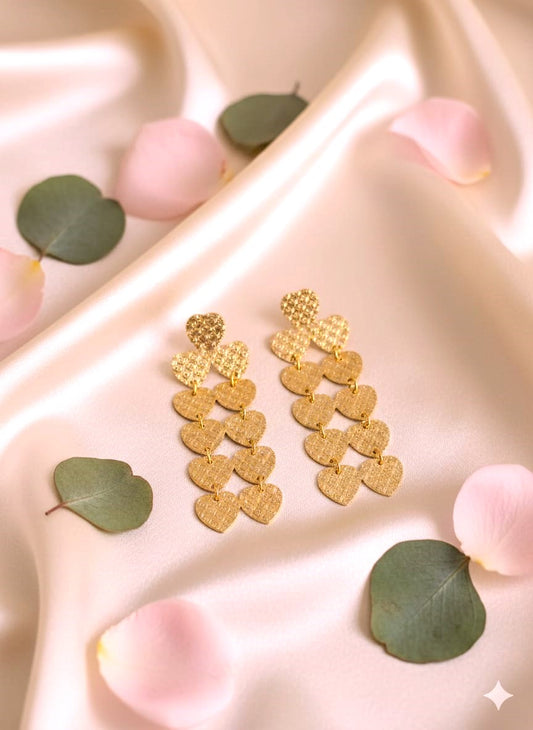 Golden Heart Cascade Earrings | Textured Brass Statement Earrings for Women & Brides