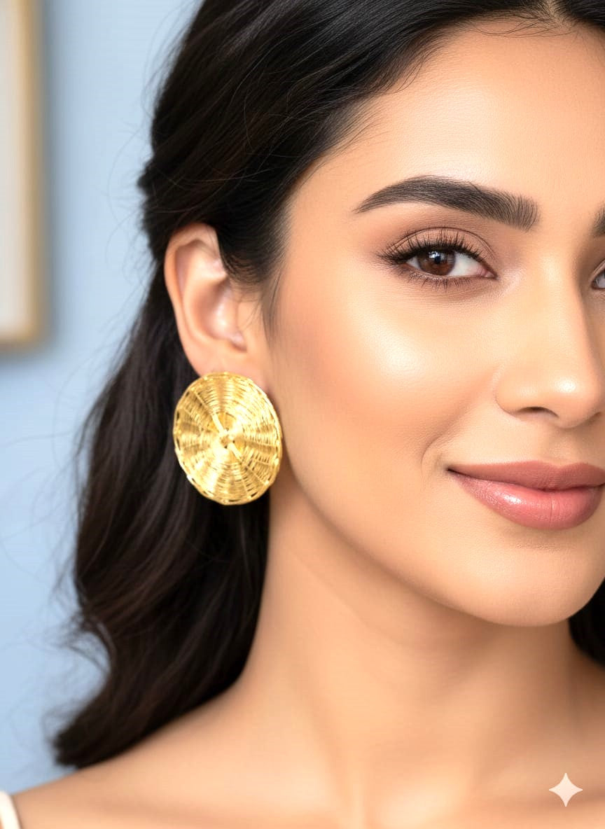 Golden Textured Disc Stud Earrings in Brass | Bold Minimal Statement Earrings for Women – RavJyoti