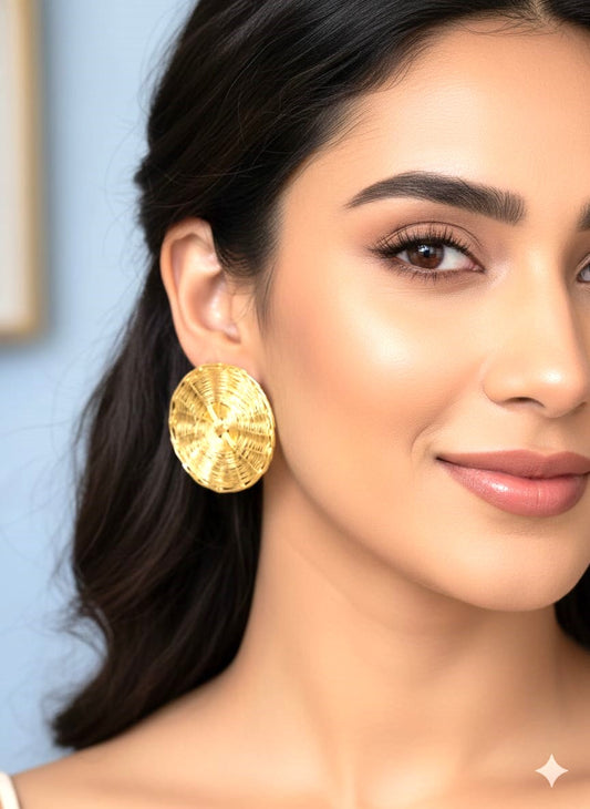 Golden Textured Disc Stud Earrings in Brass | Bold Minimal Statement Earrings for Women – RavJyoti