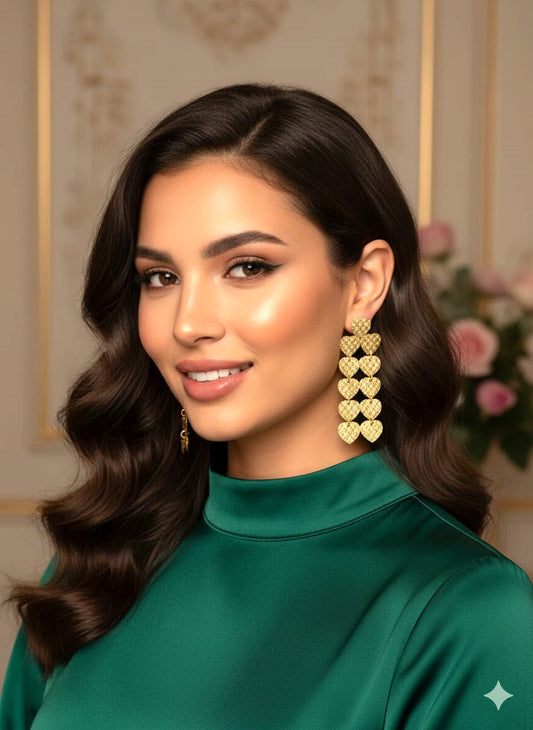 Golden Heart Cascade Earrings | Textured Brass Statement Earrings for Women & Brides