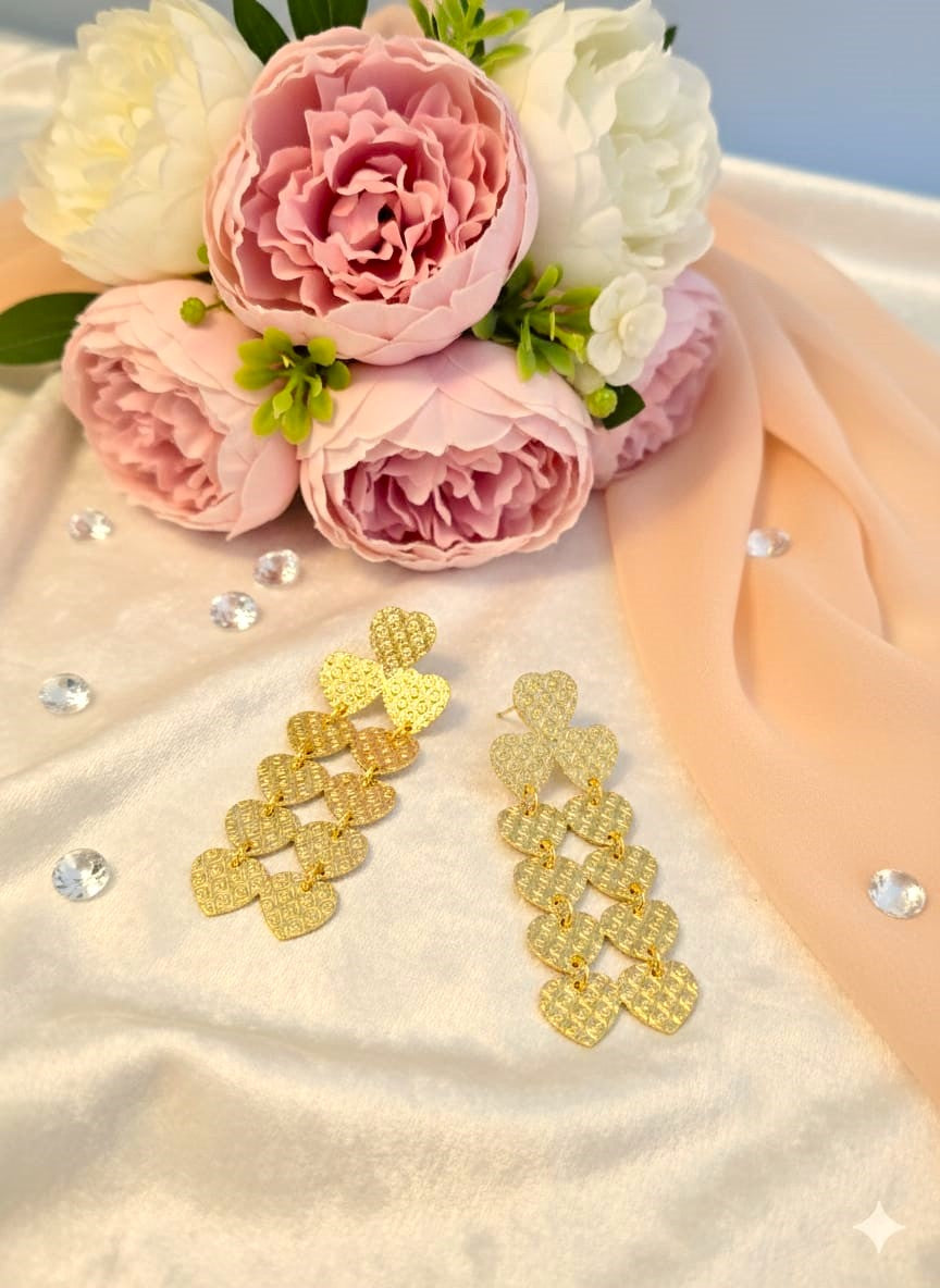 Golden Heart Cascade Earrings | Textured Brass Statement Earrings for Women & Brides