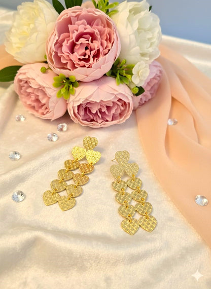Golden Heart Cascade Earrings | Textured Brass Statement Earrings for Women & Brides