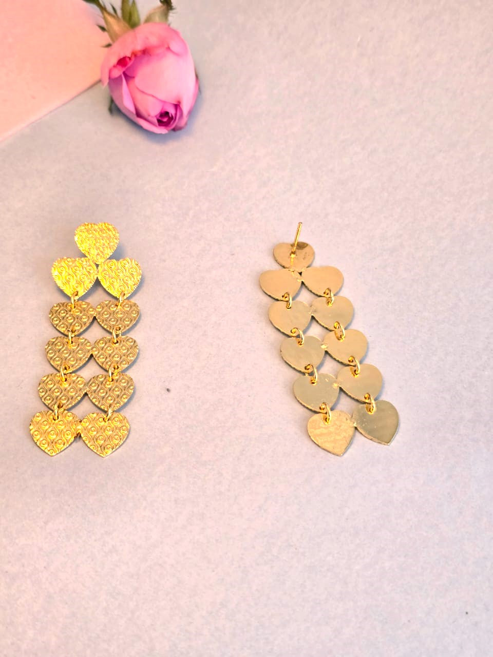 Golden Heart Cascade Earrings | Textured Brass Statement Earrings for Women & Brides