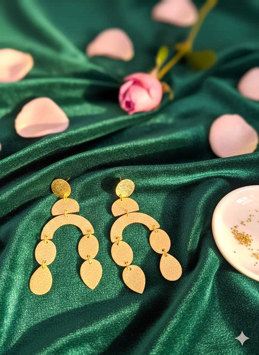 Golden Heart Drop Statement Earrings | Textured Brass Long Earrings for Women