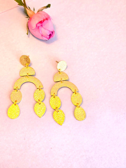 Golden Heart Drop Statement Earrings | Textured Brass Long Earrings for Women
