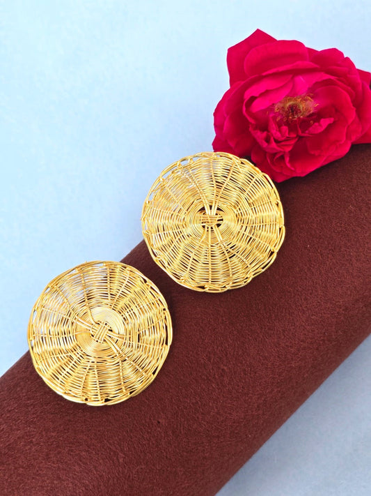Golden Textured Disc Stud Earrings in Brass | Bold Minimal Statement Earrings for Women – RavJyoti