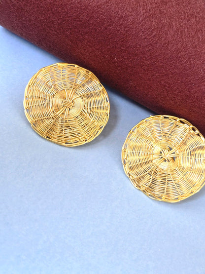 Golden Textured Disc Stud Earrings in Brass | Bold Minimal Statement Earrings for Women – RavJyoti